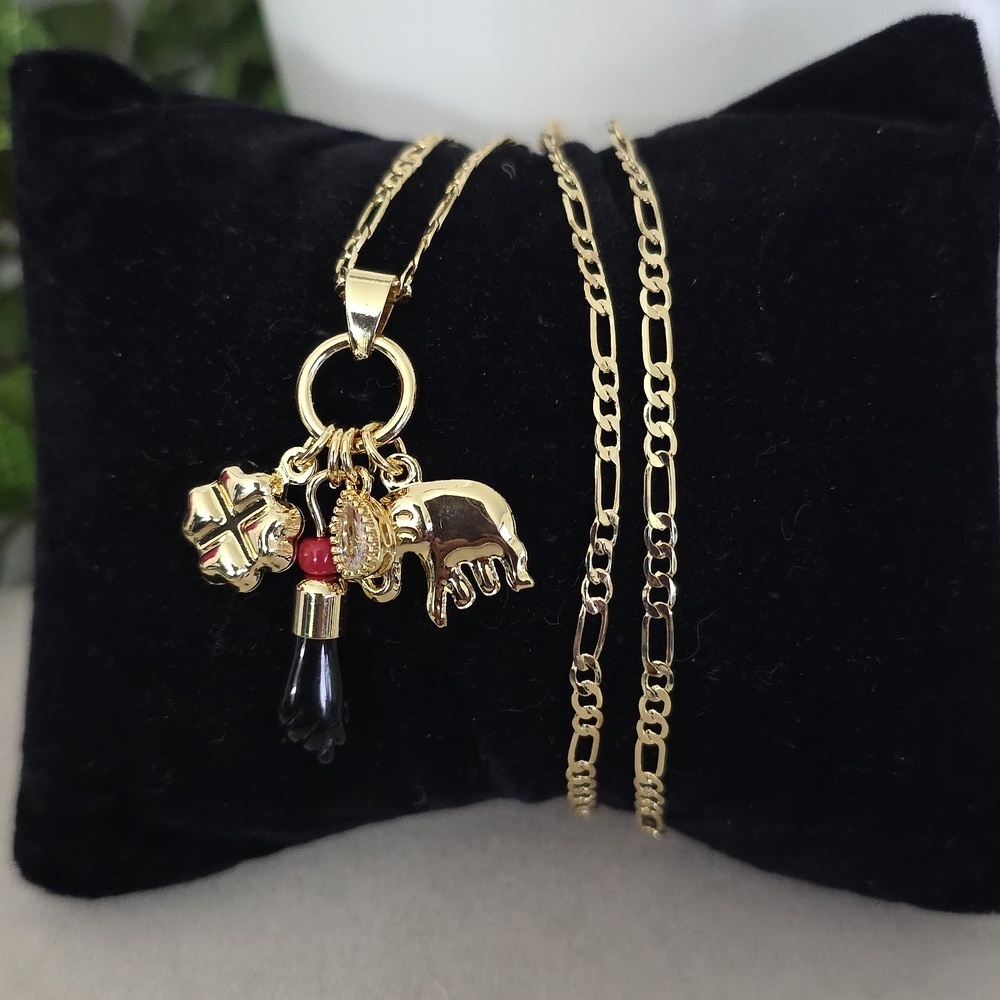 Gold Filled Figaro Chain Necklace Gold Luck Charms Figa Hand Elephant Clover